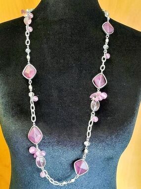 Long Silver-Link Necklace with Purple Faceted Stones